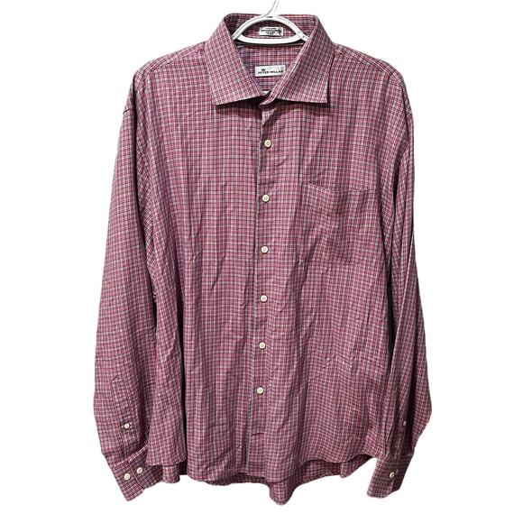 Peter Millar Crown Men's Long Sleeve Button-Down Dress Shirt XL Red/Blue Plaid - Picture 1 of 7